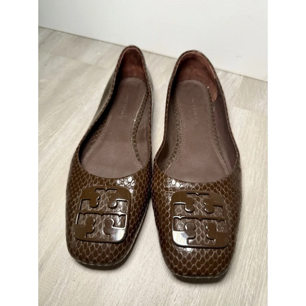 Tory Burch Brown Snake Embossed Leather Logo Medallion Ballet‎ Flats Womens 5.5